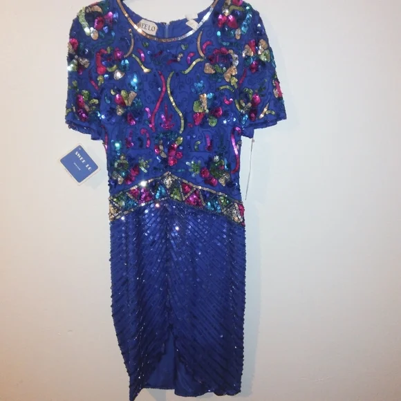 swee lo sequin dress Pretty 80s Swee Lo Sequin Dress Beaded B&W Floral Design Minidress w/Shoulder Pads| Size S